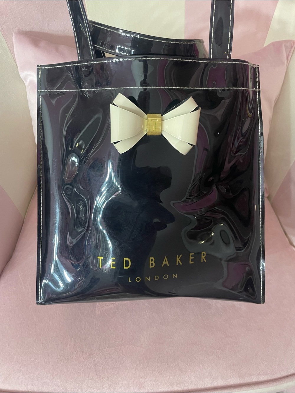 Ted Baker Black Patent Tote with Cream Bow Accent